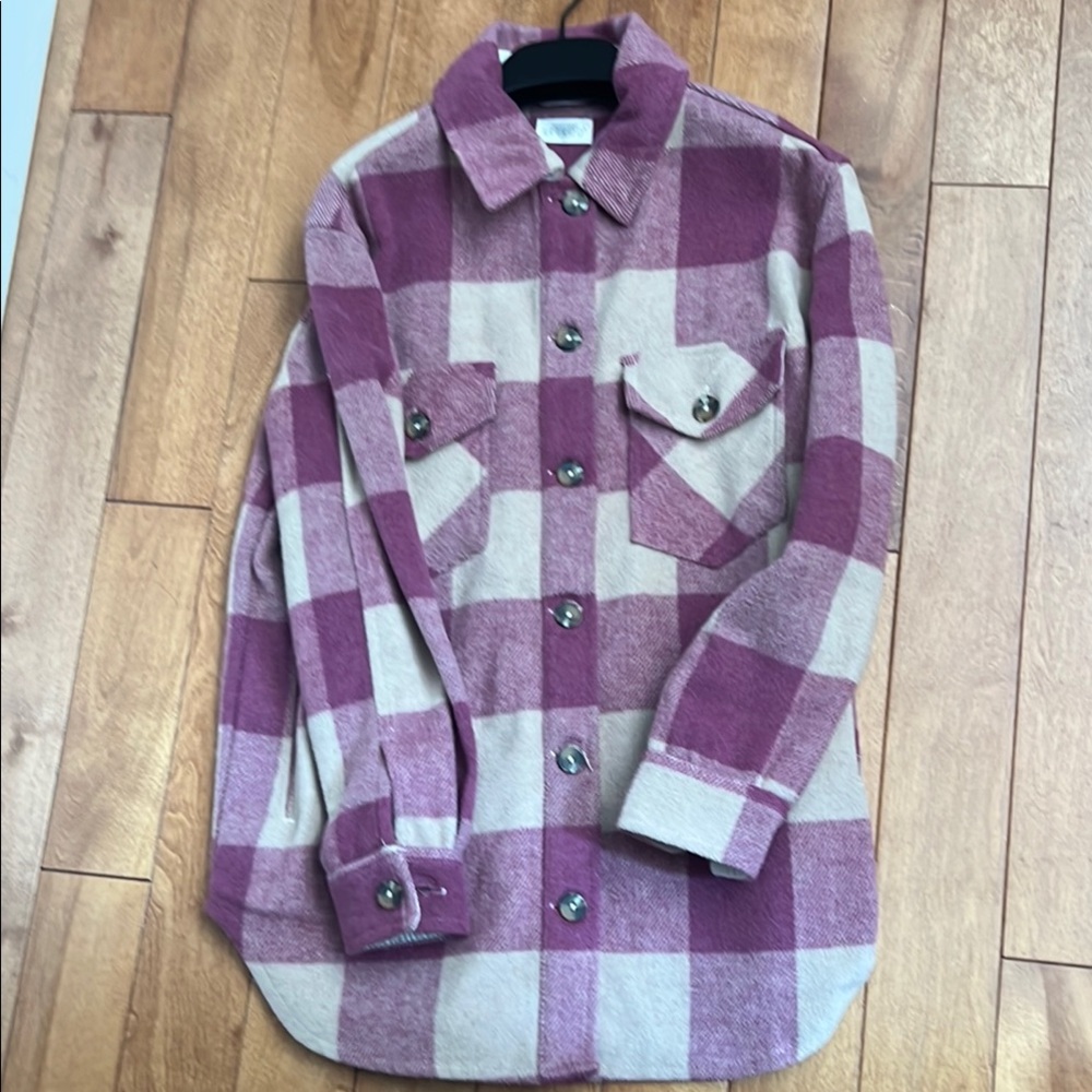 Retrod Plaid Shacket in Rich Pink and Cream